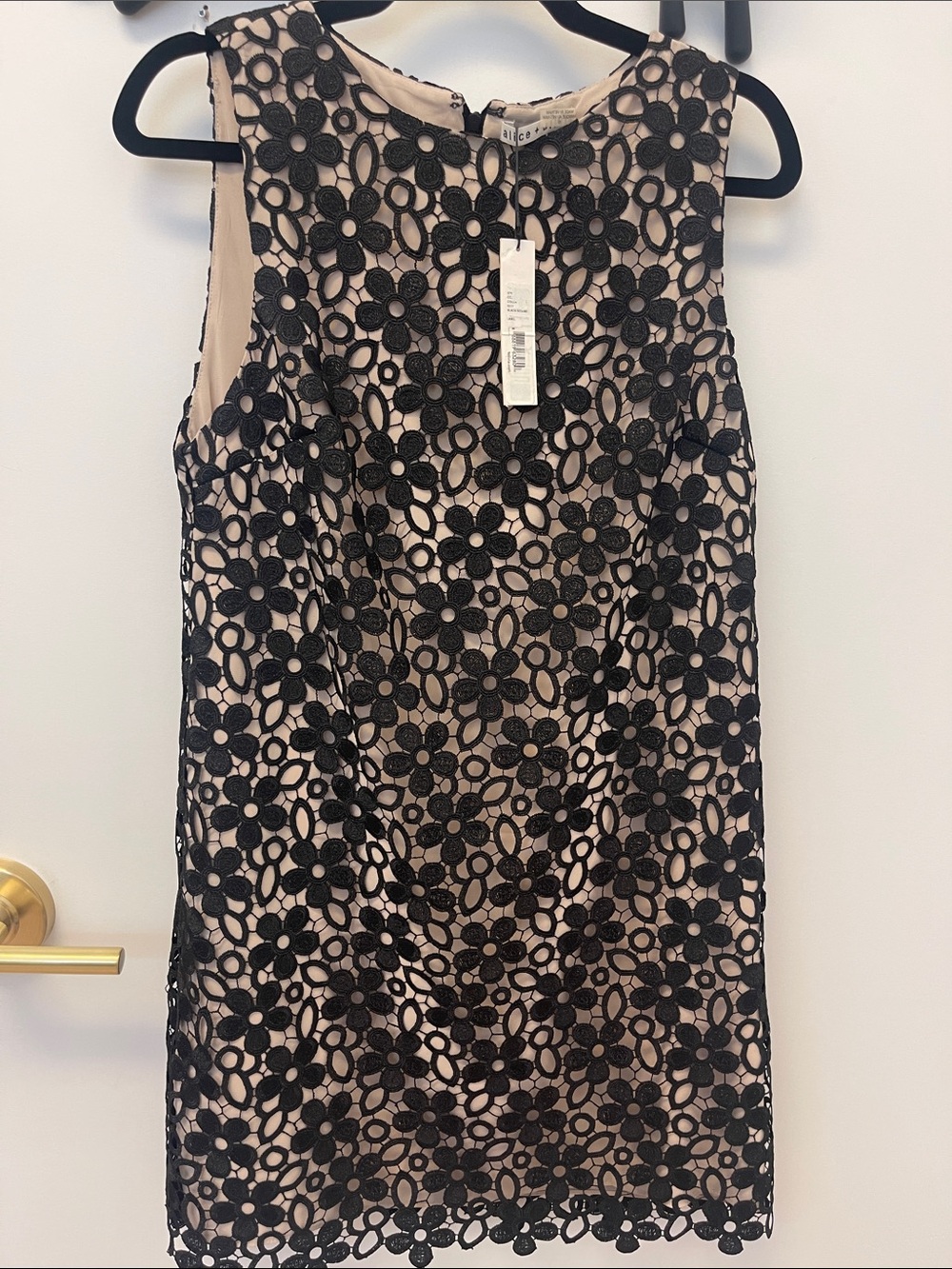 Alice + Olivia Black Floral Lace Overlay Nude Sheath Dress